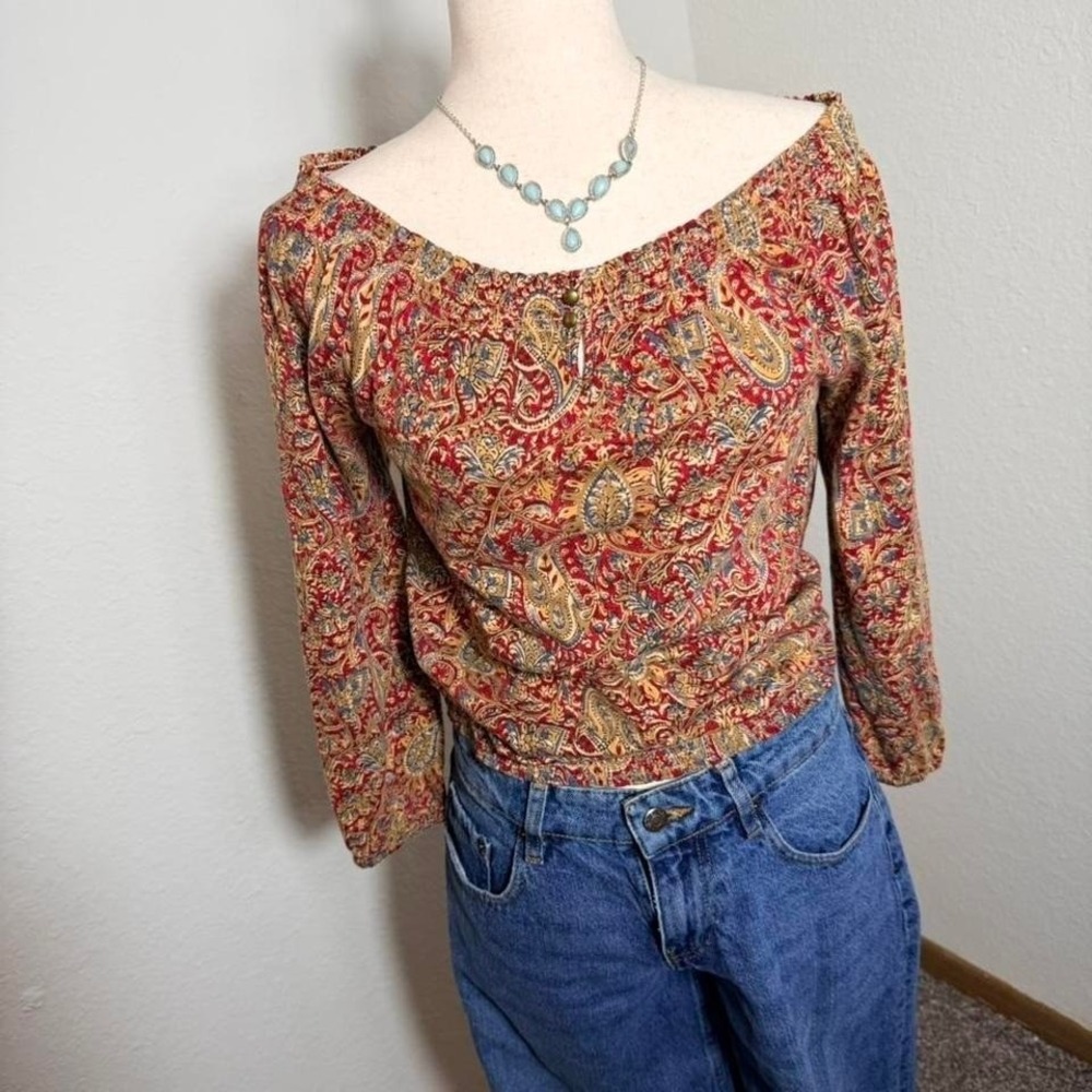 Chaps Denim Womens Paisley Print Off Shoulder Smocked Cropped Blouse Top‎ XS